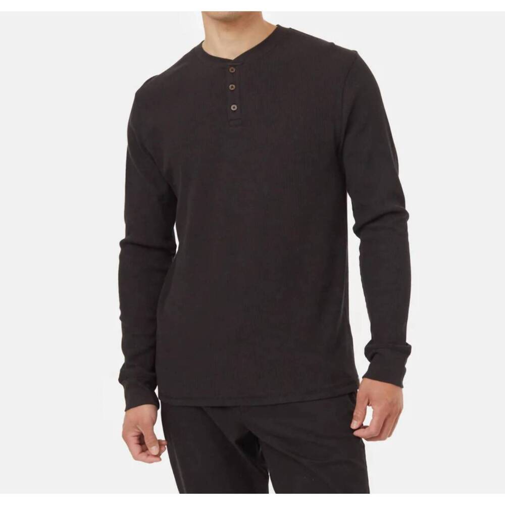 NEW TENTREE waffle henley long sleeve t-shirt in charcoal